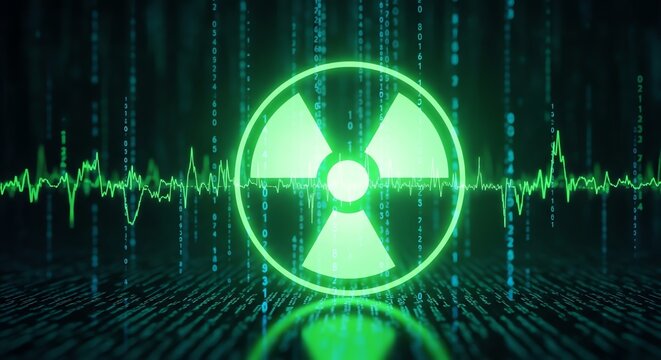 Nuclear symbol with digital data background - Powered by Adobe