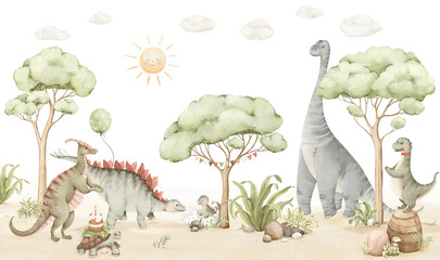 Panoramic watercolor painting featuring cute dinosaurs, baby dino born, turtle with cake and dino with balloon. Happy characters are set against backdrop of trees, plants and summer landscape.
