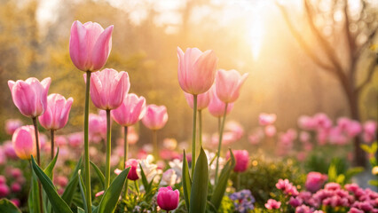 Obraz premium pink tulips in the garden. spring flowers in the sunshine