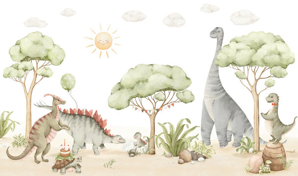 Panoramic watercolor painting featuring cute dinosaurs, baby dino born, turtle with cake and dino with balloon. Happy characters are set against backdrop of trees, plants and summer landscape.