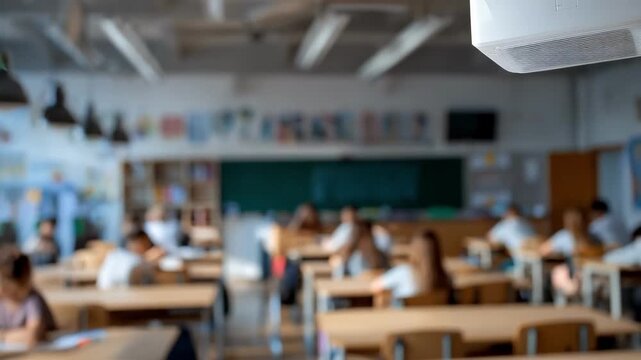 Focus on an adaptive HVAC unit adjusting airflow in a classroom with blurred desks and students creating a focused tech atmosphere.