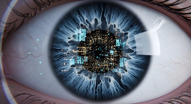 Futuristic digital eye with binary code reflection cybersecurity technology concept - Powered by Adobe