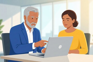 Obraz premium Senior Professional Guiding Junior on Laptop