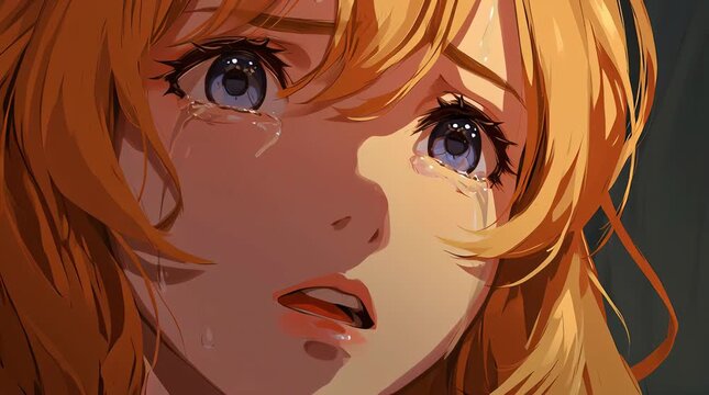 Animated Cute Anime Girl Looking Forward with Crying Sad Expression in Minimalist Background