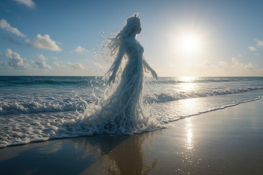 Ocean-formed feminine figure rising from breaking waves with flowing water contours illuminated by the low sun
