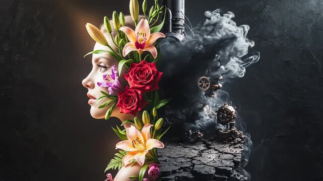 Profile of woman with vivid flowers contrasting smoky industrial ruins and dark earth. Mist and soot