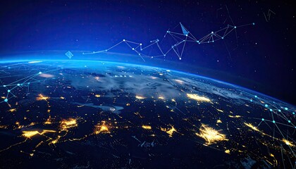 Illuminated globe at night with glowing network connections spanning the surface