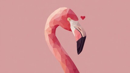 A stylized flamingo head in geometric shapes with a soft pink background, featuring a small red heart, conveying a sense of love and affection.