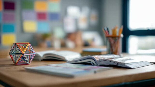 Medium shot of a math tutoring nook with blurred colorful posters a focused geometric model and open reference books on a wooden desk