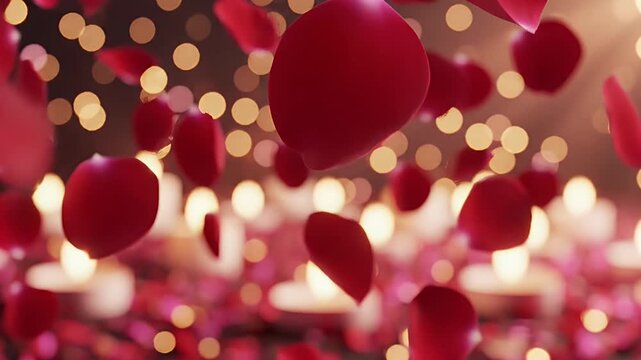Falling Rose Petals with Candlelight - This video features a close-up shot of vibrant red rose petals falling through the air.