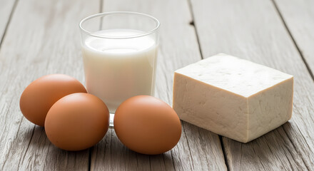 Glass of Milk Eggs and Cheese.