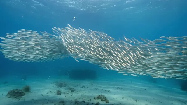 Medium shot of a school of fish migrating through calm waters showcasing seasonal movement patterns during colder months.