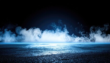 Ethereal blue mist rolls across a dark, wet textured surface