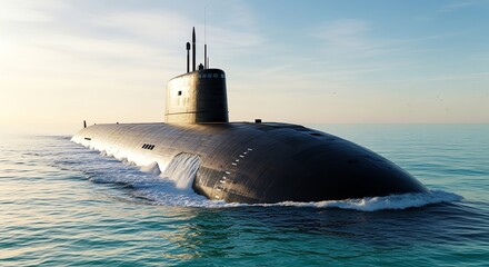 Submarine on ocean surface at sunrise