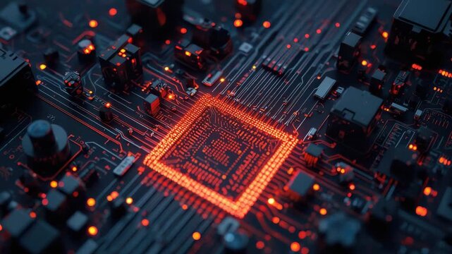 Glowing red microchip circuit board with neon glowing printed circuit and electronic component