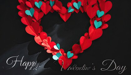 A heart-shaped outline of red and teal paper hearts on a dark background