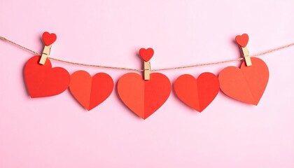 Red paper hearts clipped to a string against a pink background