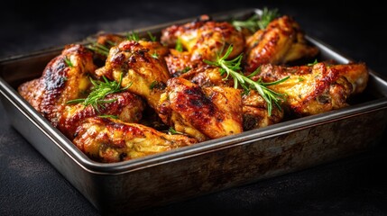 Fototapeta premium Crispy baked chicken wings with rosemary in metal tray.