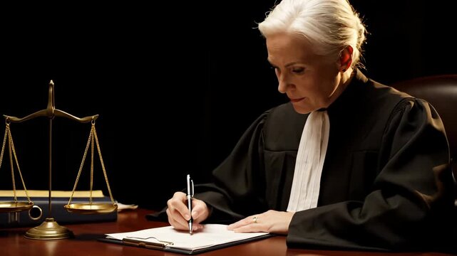 judge at bench signing document with pen. gavel rests on wooden surface beside scale. courtroom setting for law and justice. robe and paper indicate legal procedure and official record archive.