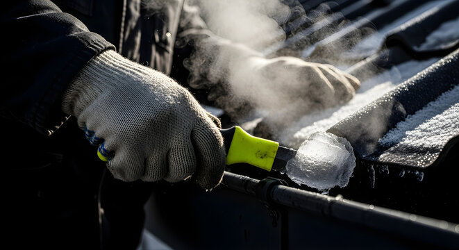 Gloved hands using a specialized tool to remove accumulated ice and snow from a dark roof gutter, with steam rising in cold weather.