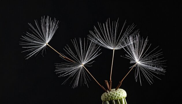 Close-up of dandelion seed head with attached achenes and feathery pappus against black background.