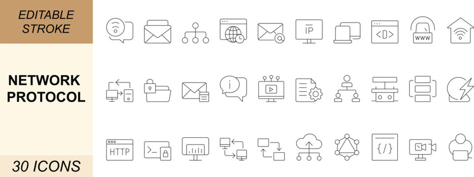 Network protocol icons with network, protocol, server, cloud, vpn, secure, data, transfer, router, and communication. Perfect for UI, UX, web, and app design. Editable stroke.