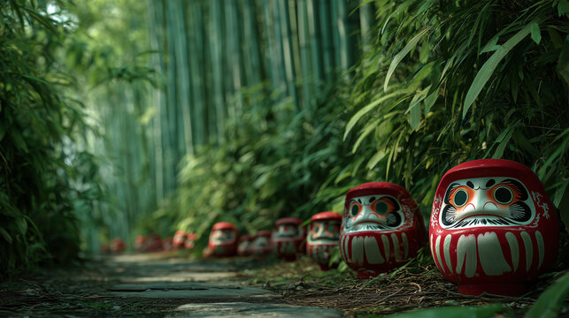 Traditional Japanese Daruma Dolls Along Bamboo Forest Pathway