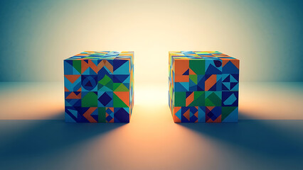 Two 3D cubes with colorful geometric mosaic patterns on a neutral background