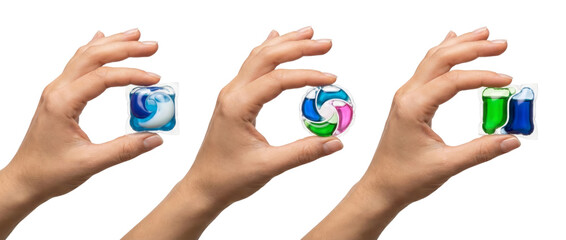 Hands holding laundry detergent pods: single, multi-colored, and twin-pack
