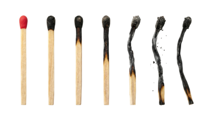 Progression of burnt matches, from unused to completely consumed