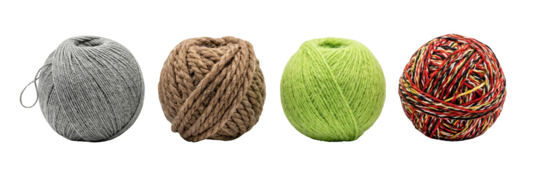 Four balls of yarn in different colors and textures on white background