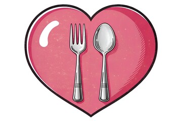 Heart Shape Bite Mark with Spoon and Fork in Red Pink Isolated on Transparent Background for Valentine&rsquo;s Day Food Design