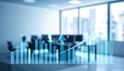 Blue digital growth chart overlays a modern, sunlit office with large windows