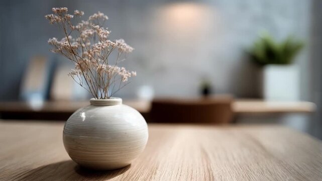 Minimal break room emphasizing a smooth decluttered workspace with a single wellness item in focus while the rest of the room remains softly blurred for a calm effect.