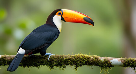 Fototapeta premium Toucan Bird with Colorful Beak Perched on Branch in Tropical Forest.