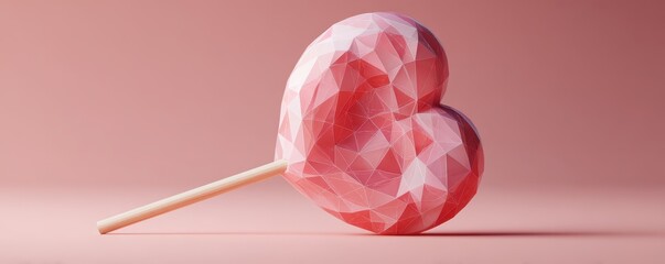 A geometric heart-shaped lollipop in soft pink hues rests on a matching background, blending playful design with a sweet aesthetic.