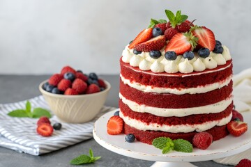 Festive Red Velvet Cake on White Cake Stand for Celebration and Special Occasions