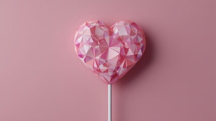 A geometric pink heart-shaped lollipop against a soft pink background, showcasing a modern, artistic design.