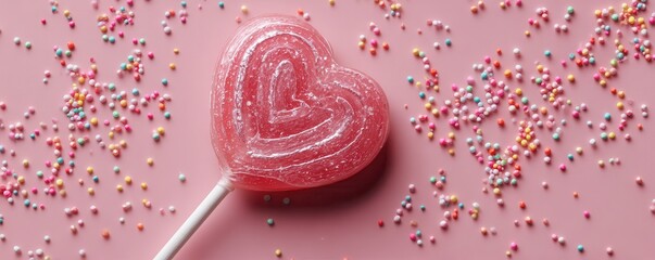 A heart-shaped lollipop sits on a pink surface sprinkled with colorful candy, creating a playful and sweet atmosphere.