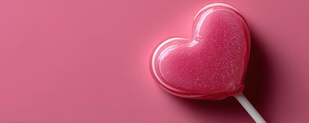 A shiny pink heart-shaped lollipop rests on a soft pink background, exuding sweetness and charm.