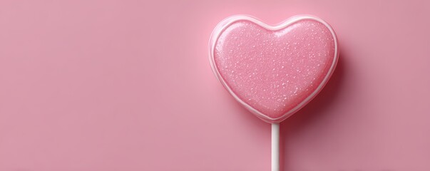 A pink heart-shaped lollipop rests on a soft pink background, creating a sweet and playful aesthetic perfect for romantic themes.