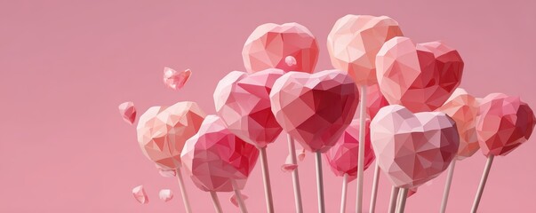 A colorful arrangement of geometric heart-shaped lollipops against a soft pink background, creating a playful and romantic vibe.
