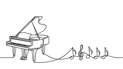 Elegant grand piano drawing with flowing musical notes a continuous line art © kakolicrator