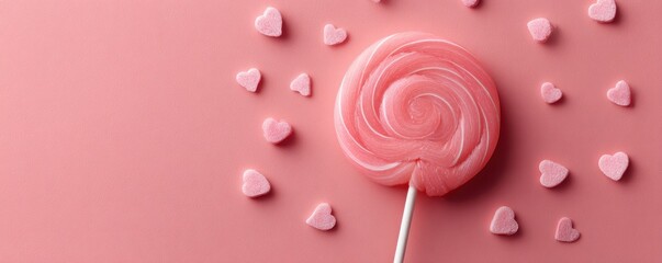 A vibrant pink lollipop surrounded by small heart-shaped candies on a soft pink background, evoking a playful and sweet atmosphere.
