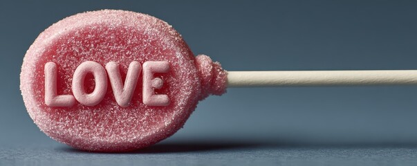 A pink lollipop with the word "LOVE" imprinted on it, set against a minimalistic background.