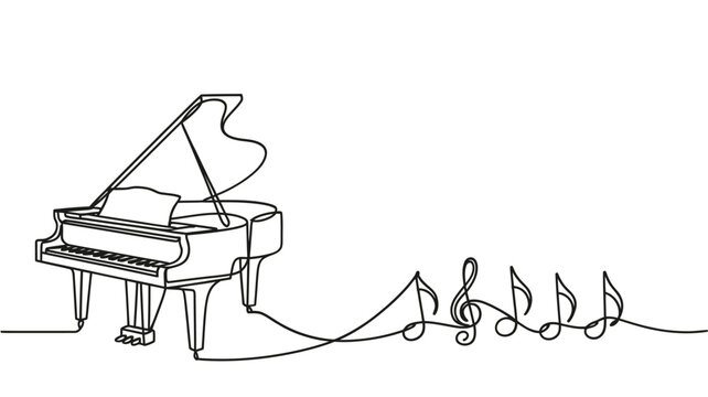 Elegant grand piano drawing with flowing musical notes a continuous line art