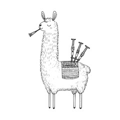 Obraz premium Llama Playing Trumpet with Syringes on Back Isolated on White