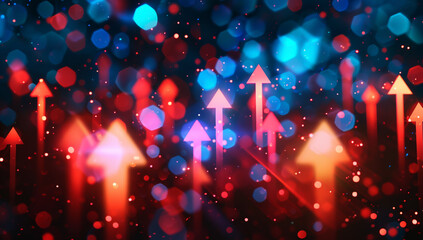 A vibrant digital illustration of glowing arrows pointing upwards with colorful bokeh lights