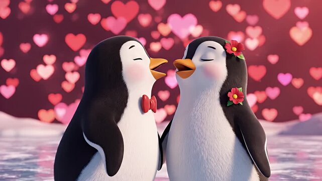 Cartoon Penguins Kissing for Valentine's Day - Two cartoon penguins are sharing a kiss on Valentine's Day. The male penguin is wearing a red bowtie, and the female has red flowers in her hair.
