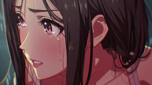 Animated Cute Anime Girl Looking Forward with Crying Sad Expression in Minimalist Background